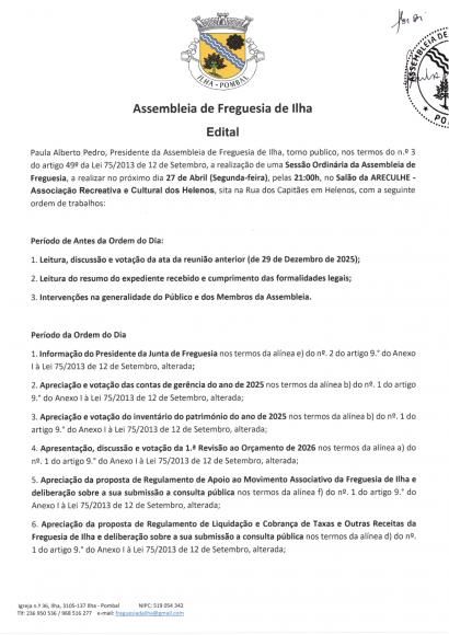 Assembleia de Freguesia Ordin&aacute;ria - 27/04/2026